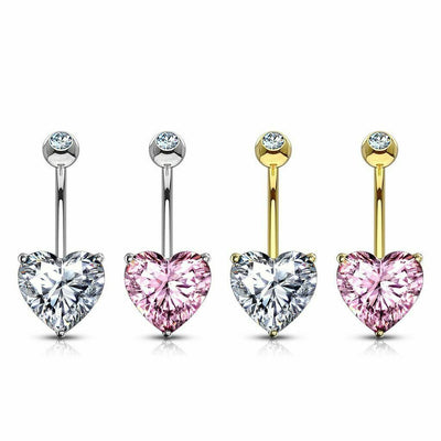Heart CZ Prong Set 14 Karat Solid Gold Belly Button Ring 14ga