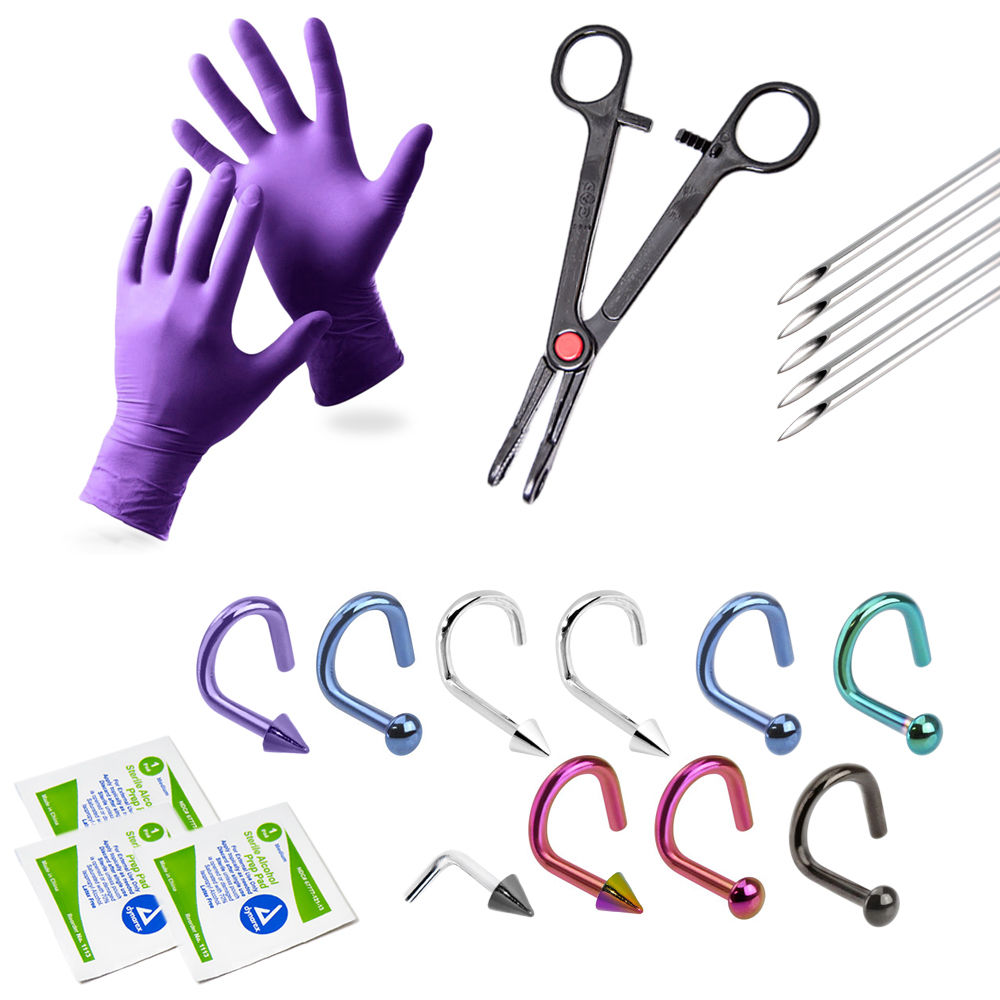 20-Piece Nose Piercing Kit - 10 Nose Piercing Jewelry, Gloves, Needles + More