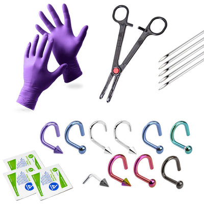 20-Piece Nose Piercing Kit - 10 Nose Piercing Jewelry, Gloves, Needles + More