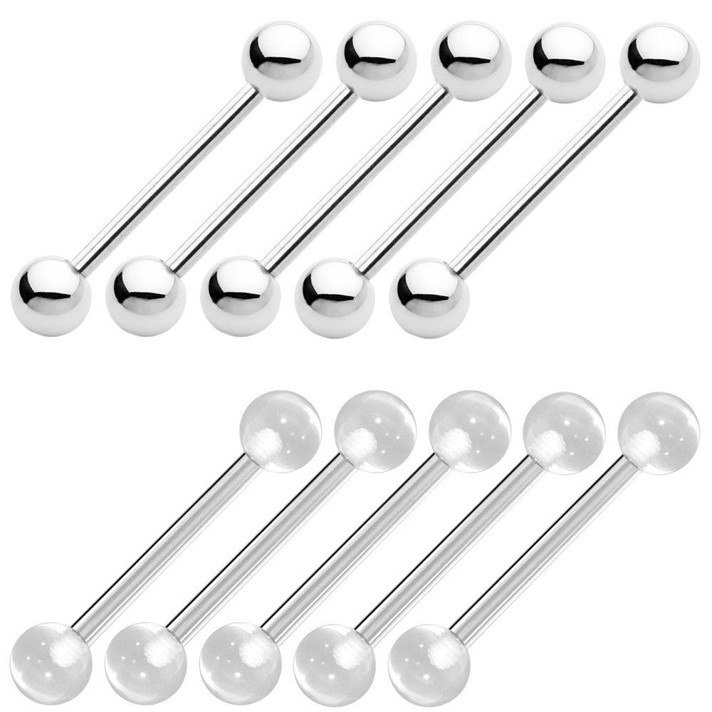 10pk Tongue Piercing Barbells 316L Steel and Clear Retainers - 14G - 5/8"(16 mm)