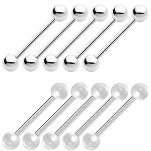 10pk Tongue Piercing Barbells 316L Steel and Clear Retainers - 14G - 5/8"(16 mm)