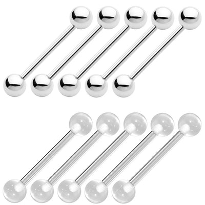 10pk Tongue Piercing Barbells 316L Steel and Clear Retainers - 14G - 5/8"(16 mm)