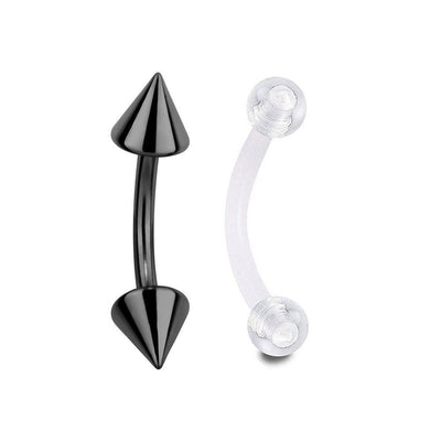 Eyebrow Ring 2pc Black IP 16G Curved Barbell Spike Ball & 18G Clear Retainer 8mm