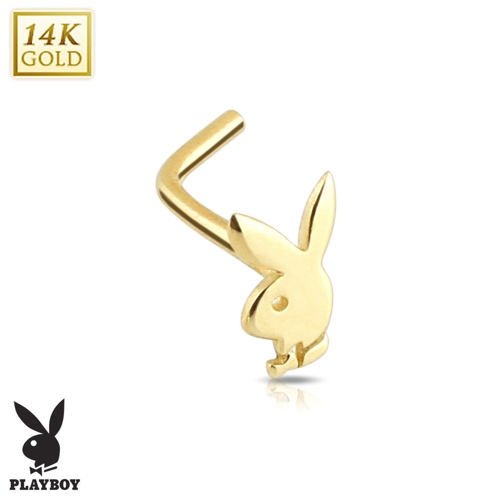 Nose Ring L-shape 14Kt. Solid  Gold with Play Boy Bunny Design 20ga
