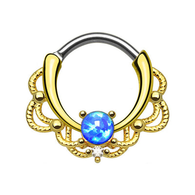Septum Piercing Clicker - Gold Lace Single Opalite w/CZ Gem - 16ga - Sold Each