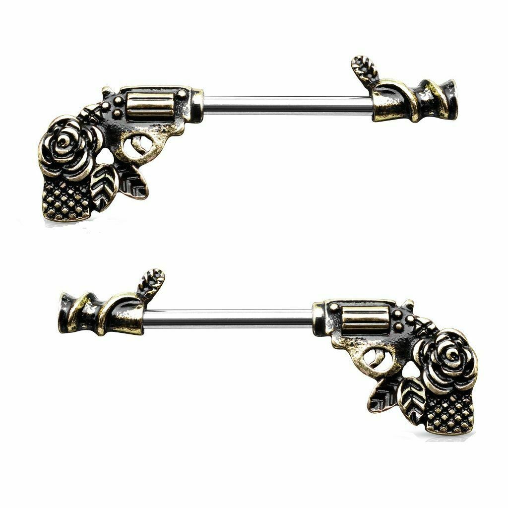 Nipple Barbells with a Rose Pistol Design Surgical Steel 14 Gauge