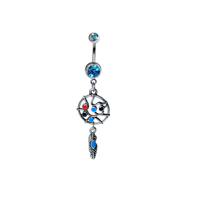 Belly Navel Dangle Ring Surgical Steel Dreamcatcher with Blue CZ Jewel 14g