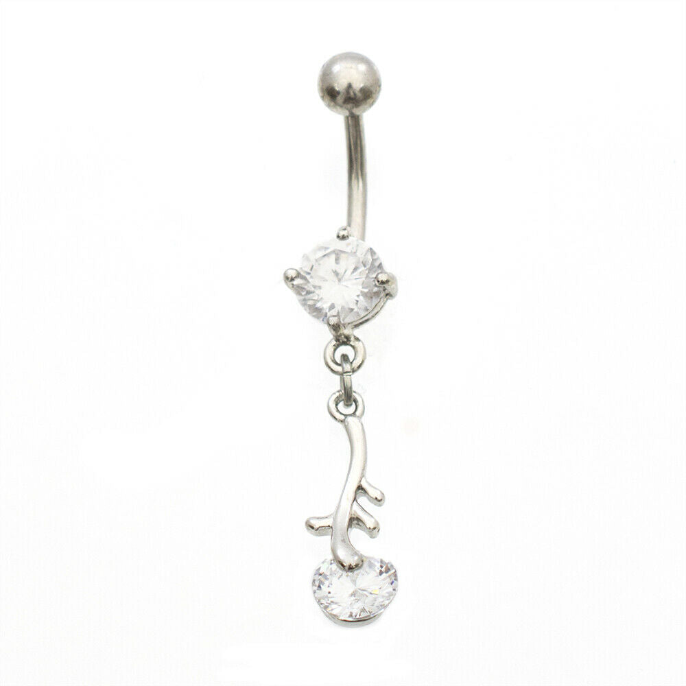Belly Button Ring with Dangling Cubic Zirconia Leaf 14 Gauge Surgical Steel