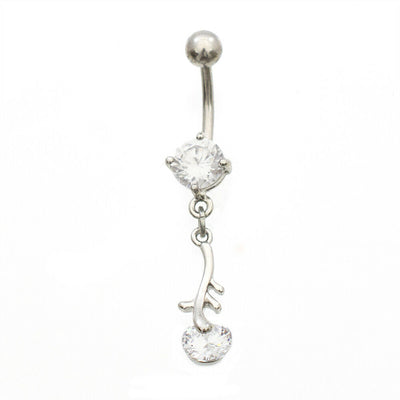 Belly Button Ring with Dangling Cubic Zirconia Leaf 14 Gauge Surgical Steel