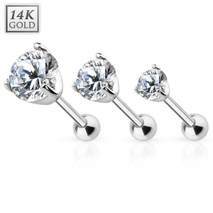 14K Solid Gold Cartilage Tragus Helix Daith Barbell Prong Set CZ Stud 16G 6MM