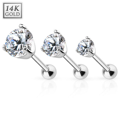 14K Solid Gold Cartilage Tragus Helix Daith Barbell Prong Set CZ Stud 16G 6MM