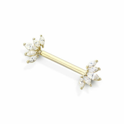 Nipple rings barbells 14 Karat Solid Gold Marquis settings AAA CZ stone 14 Gauge