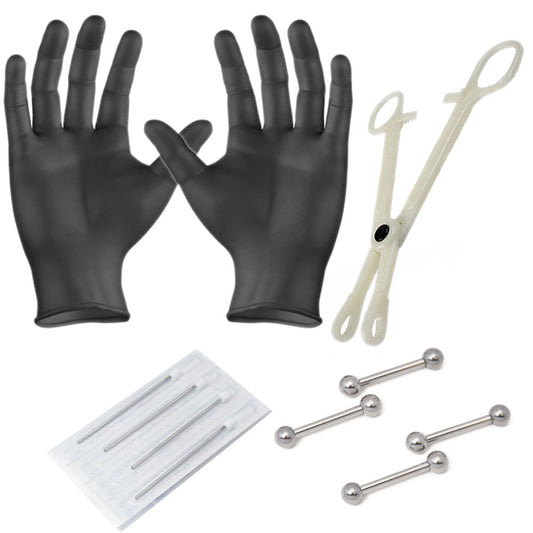 10-Piece Piercing Kit w/ 14ga and 16g Jewelry, Gloves, Forceps, Needles Nipple