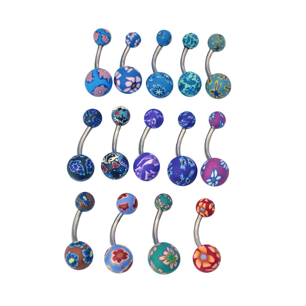 Belly Button Rings Flower Painted Fimo Design Pack of 14 14ga Surgical Steel