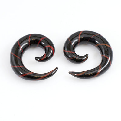 Pair of Black & Red Glass Tapers Stripe Spiral Design