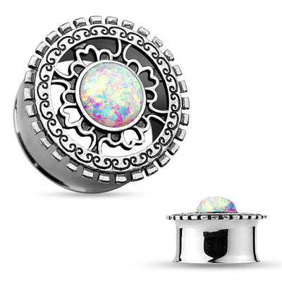 Ear Gauge Tunnels Opal Glitter Centered Antique Silver Plated Tribal Shield Top