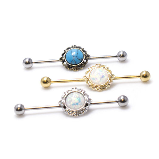 Industrial Piercing Barbell 14G Opalite Glitter Center with Filigree Detail Surgical Steel
