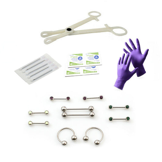 Nipple piercing Kit 16g Disposable Forceps,Gloves,Alcohol Pads, Needles, jewelry