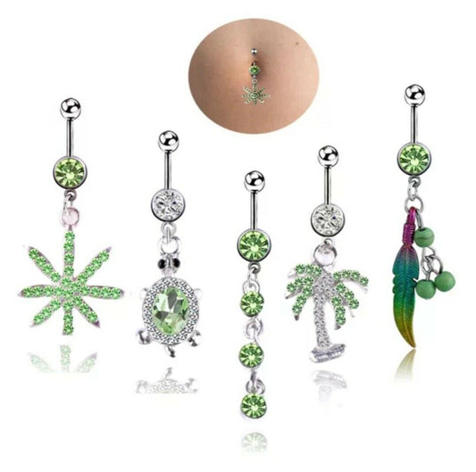 Belly rings Naval piercing dangle design 5 pc. surgical steel clear and green jewels 14 Gauge fit most belly piercings