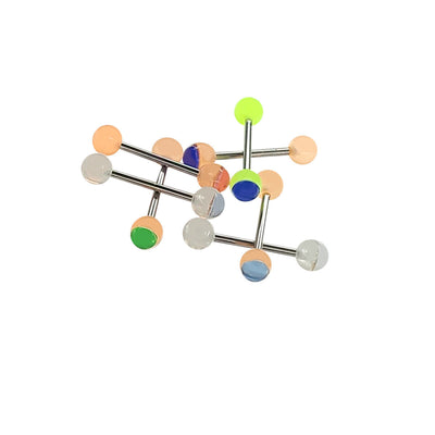 Pack of 7 Tongue Rings Glow In The Dark with Gem Acrylic Surgical Steel 14 Gauge