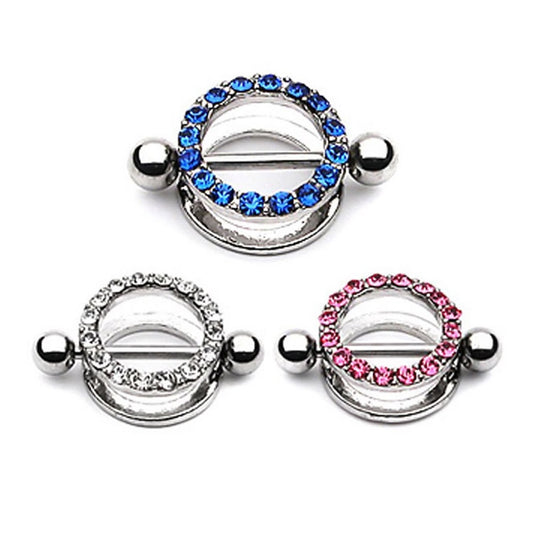 14ga Nipple Shields - Pair of CZ Gem Paved Shields with Free Barbells - 3 Colors