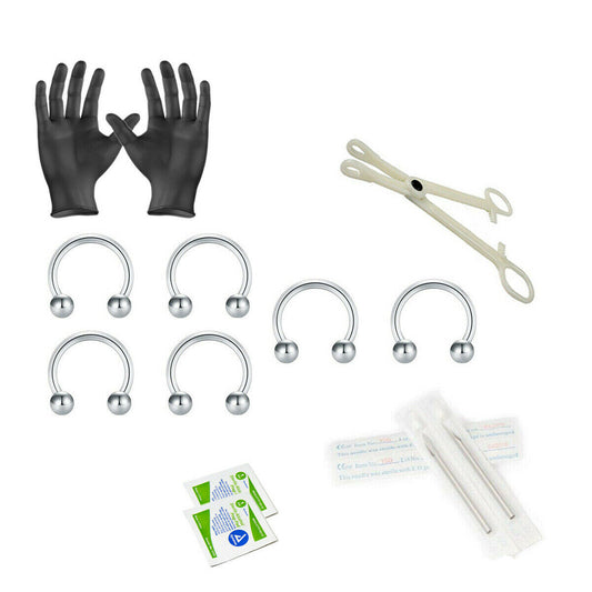 12-Piece Circular Barbell Horseshoe Piercing Kit - Includes (6) 16g Circular Barbell Horseshoe, (2) Needles, (1) Forceps, (2) Alcohol Wipes and a Pair of Gloves