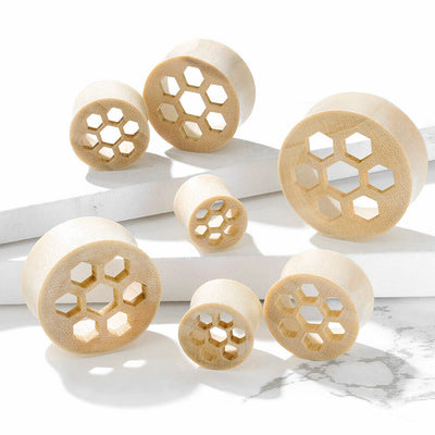 Ear Plugs Honey Comb Cut Front Natural White Crocodile Wood Saddle Plugs