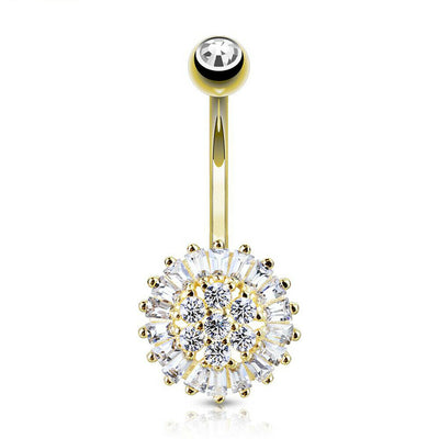 Navel Ring 14 Karat Solid Gold with Clear CZ Sunflower 14ga