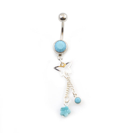 Dangle Belly Ring with Blue flower and Butterfly design 14g Surgical Steel