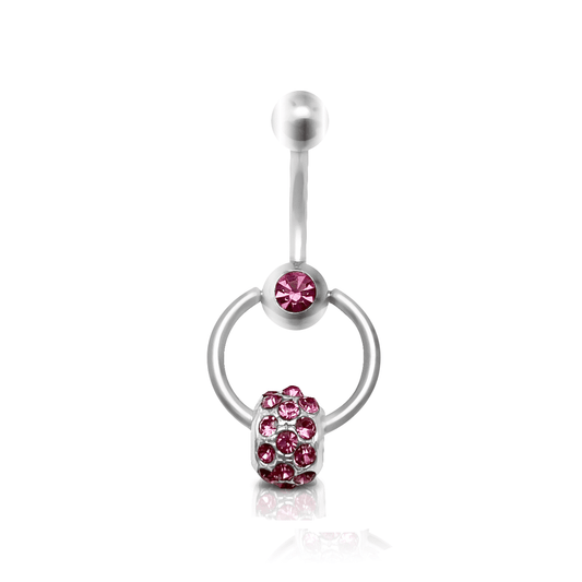 Belly Button Ring with Pink Cubic Zirconia Door Knocker Design 14 Gauge 7/16