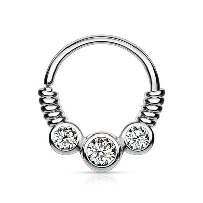 3 CZ Set Between Coiled Wire Bendable Hoop Rings for Septum, Ear Cartilage 16GA
