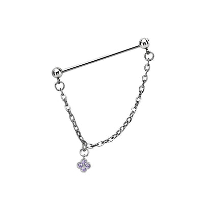 Ear industrial barbell 14g/1.6mm with a 5mm press fit gem ball and a 5mm steel ball linked with a chain with cubic zirconia stones in a flower shape dangling part