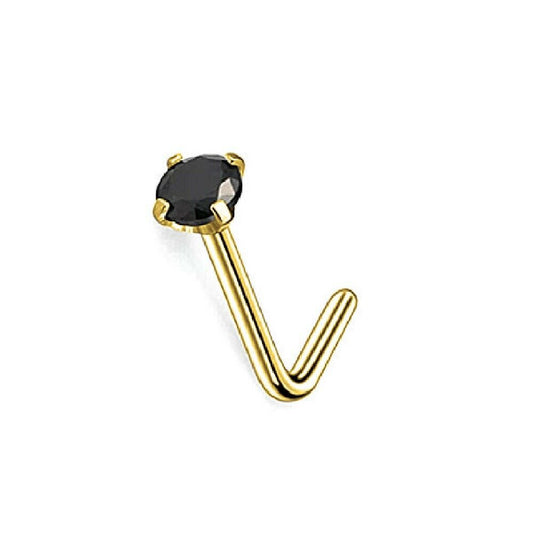 Nose Piercing Ring L Shaped Prong Set Black CZ 9kt Gold Sold Each