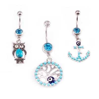 Belly Button Ring Pack of 3 / Tree of life, Infinite love, Hamsa Hand Anchor Owl