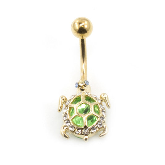 Navel Ring with Green Turtle Design and Multiple Cz Stones 14G