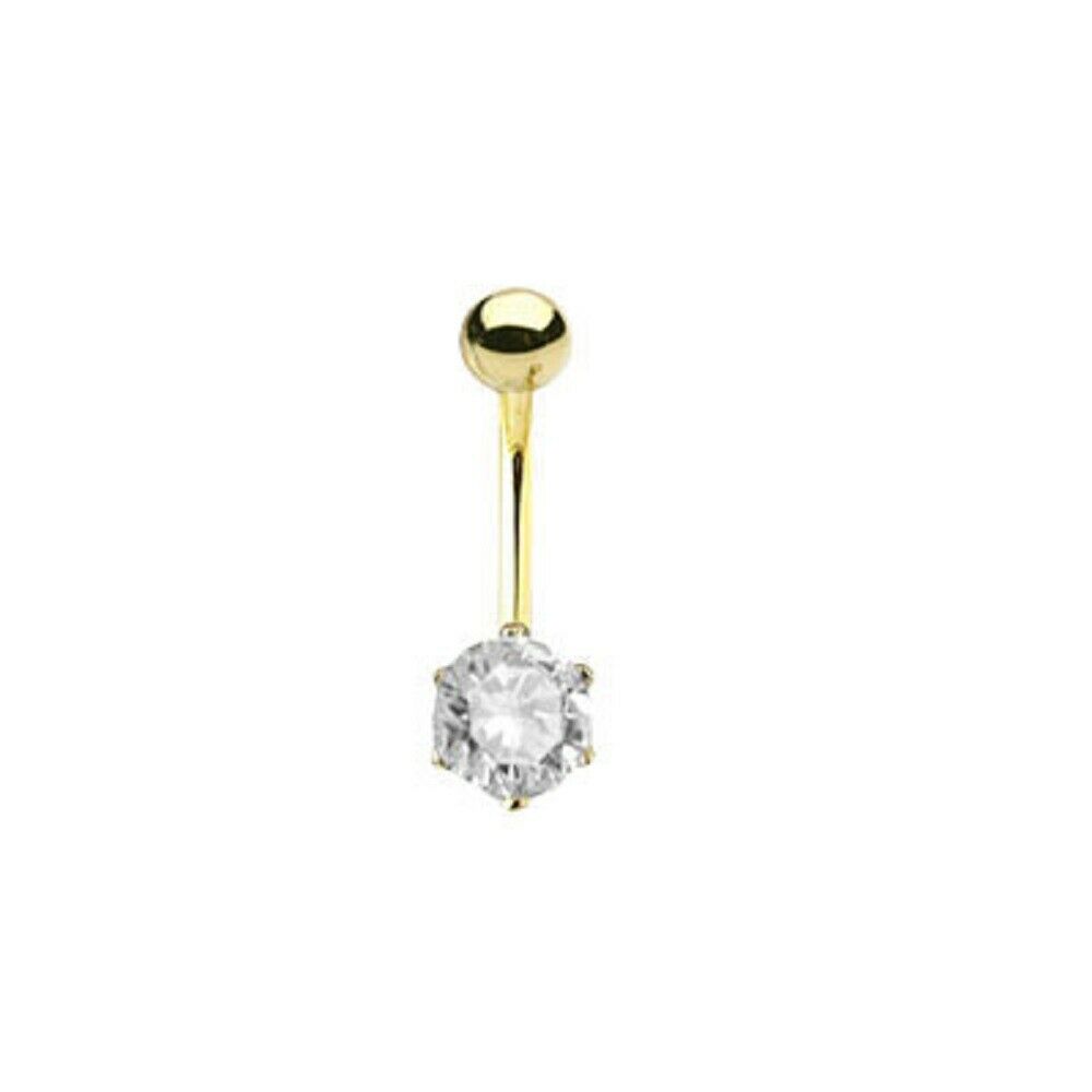 14 Gauge Solid 14k Yellow Gold Belly Button Ring Prong Round CZ
