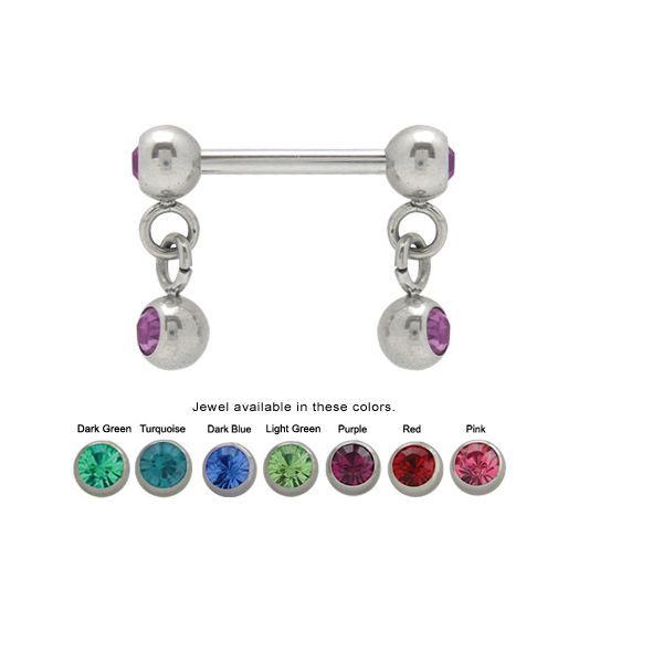 Pair of Dangle Jeweled Nipple Straight Barbell 14 Gauge - 7 Colors Available