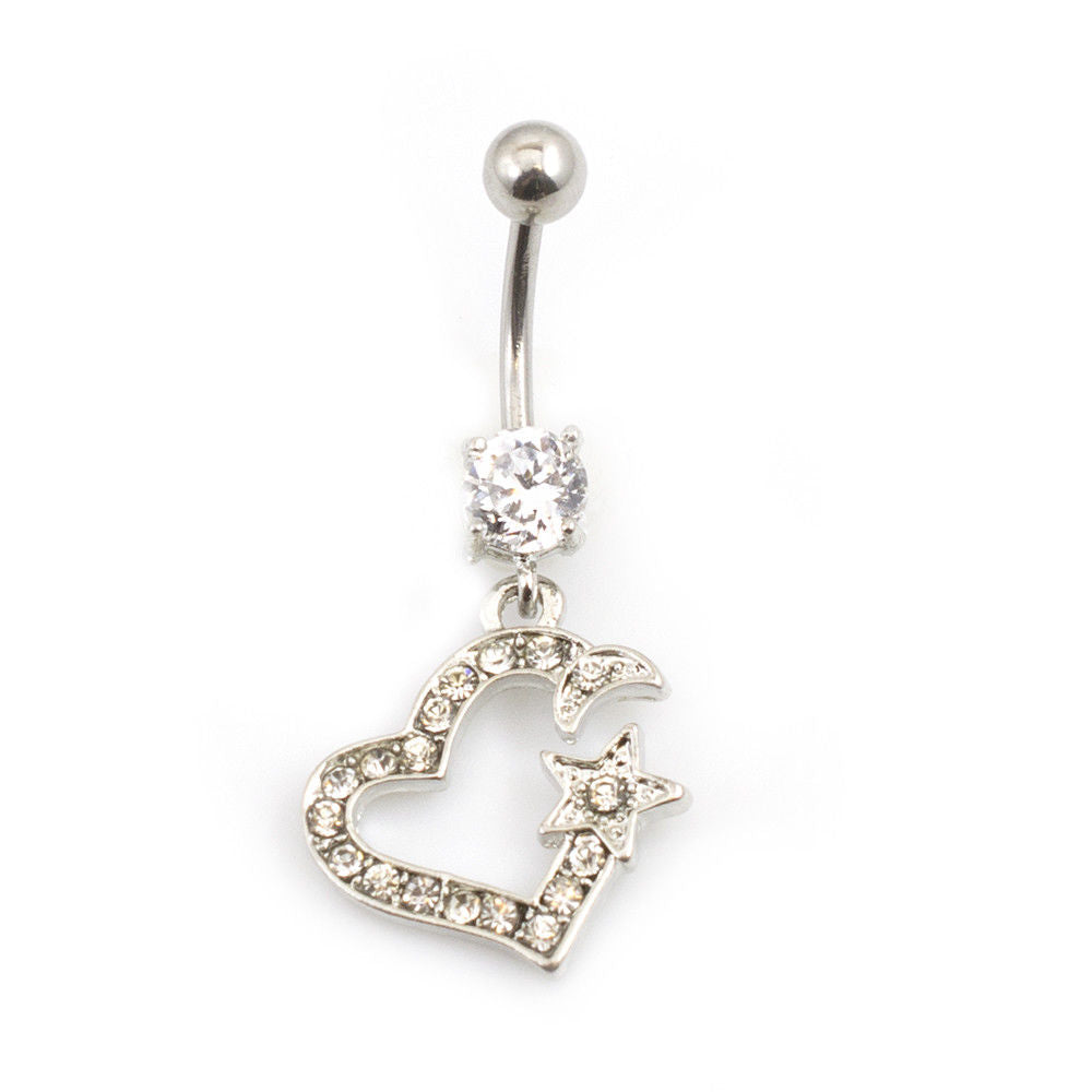 Navel Ring with Heart Design Featured with Multiple CZ Gems 14G