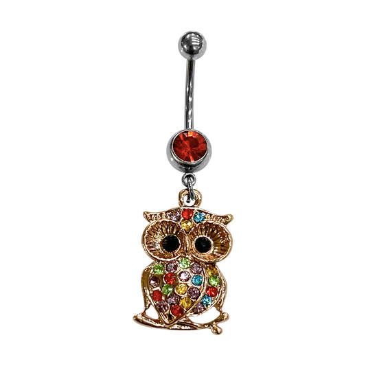 Belly Ring Surgical steel with Multi-Gem ION Rose Gold Owl Dangle 14G