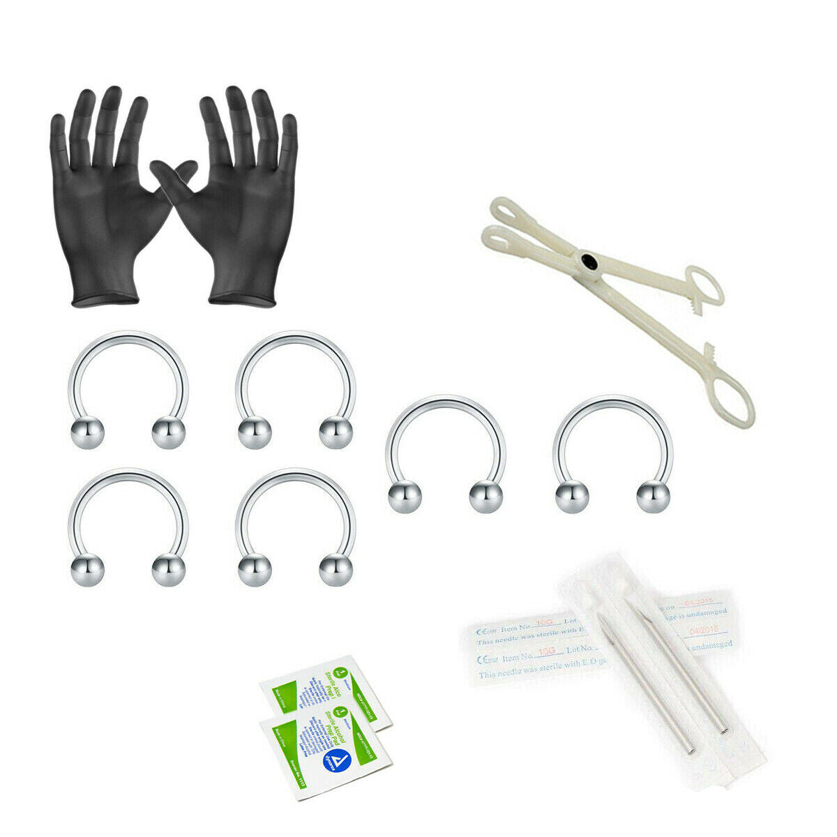 12-Piece Circular Barbell Horseshoe Piercing Kit - Includes (6) 14g Circular Barbell Horseshoe, (2) Needles, (1) Forceps, (2) Alcohol Wipes and a Pair of Gloves