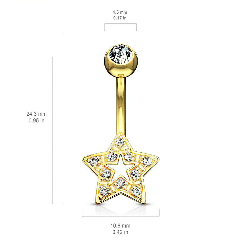 Navel Ring 14 Karat Solid Gold with Clear CZ Star Charm 14ga