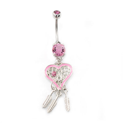 Belly Button Ring 14ga With Dangling Heart Dream Catcher and multiple CZ gems