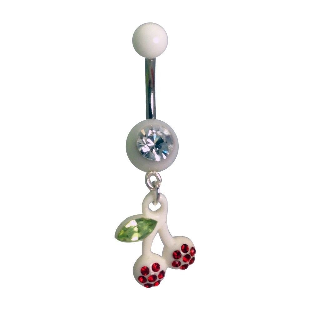 Uv Surgical Steel Belly Ring with White Dangle Cherry Design - 14 gauge 7/16"