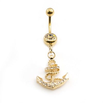 Belly Button Ring with Anchor Design and Multiple Cubic Zirconia Stones 14g