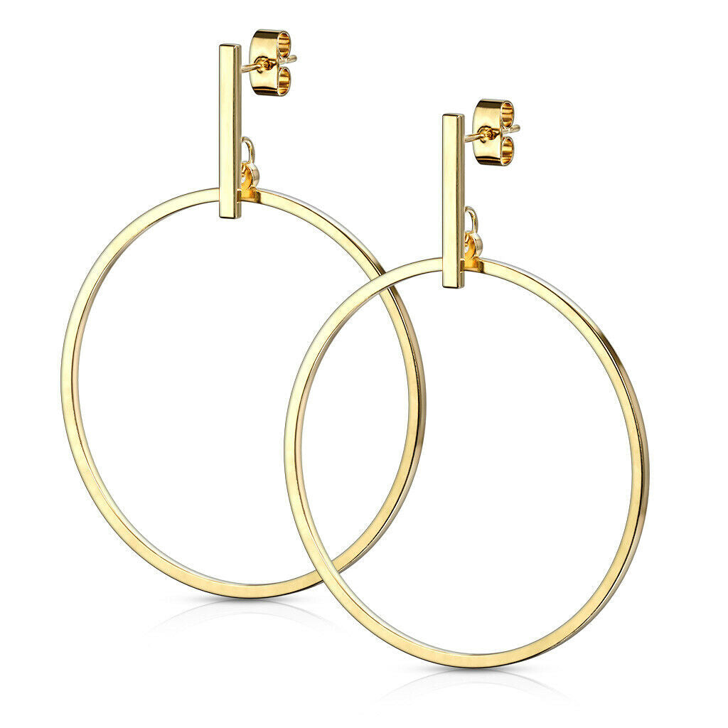 Pair of Stainless Steel Earrings with Bar and Round Hoop Dangle Design 20g