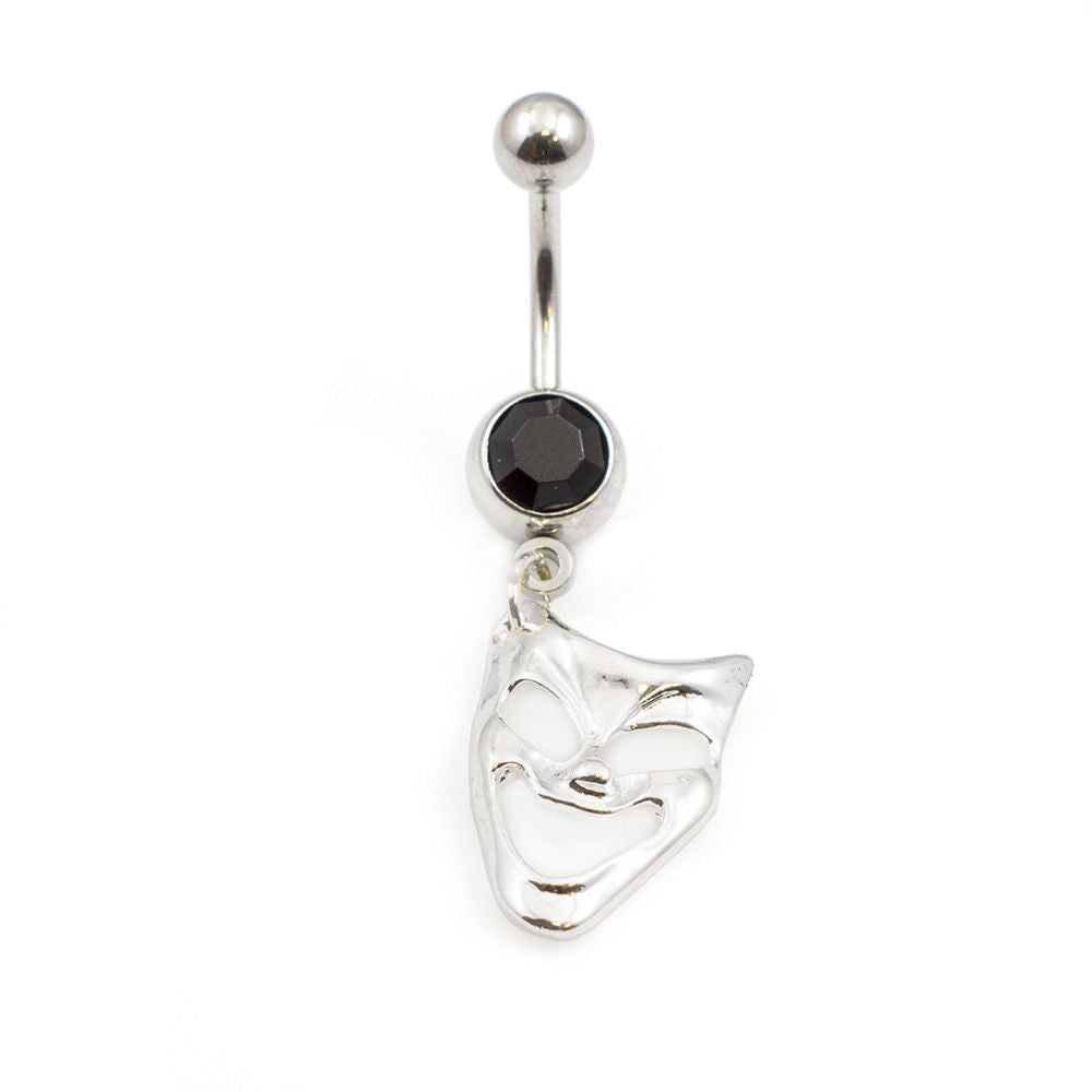 Navel ring with Comedy Masks and Cubic Zirconia Jewel Dangle 14G