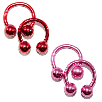 2 Pairs of Anodized Titanium 14ga Horseshoe Circular Barbells Red/Pink