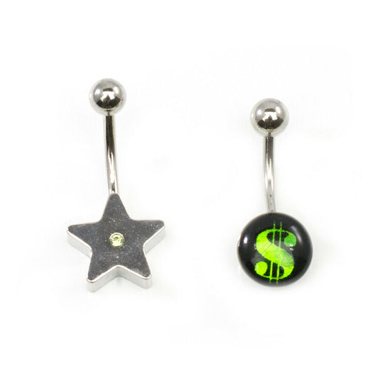 Belly Button Ring Pack of 2 with Star and Money Sign Design Surgical Steel 14g