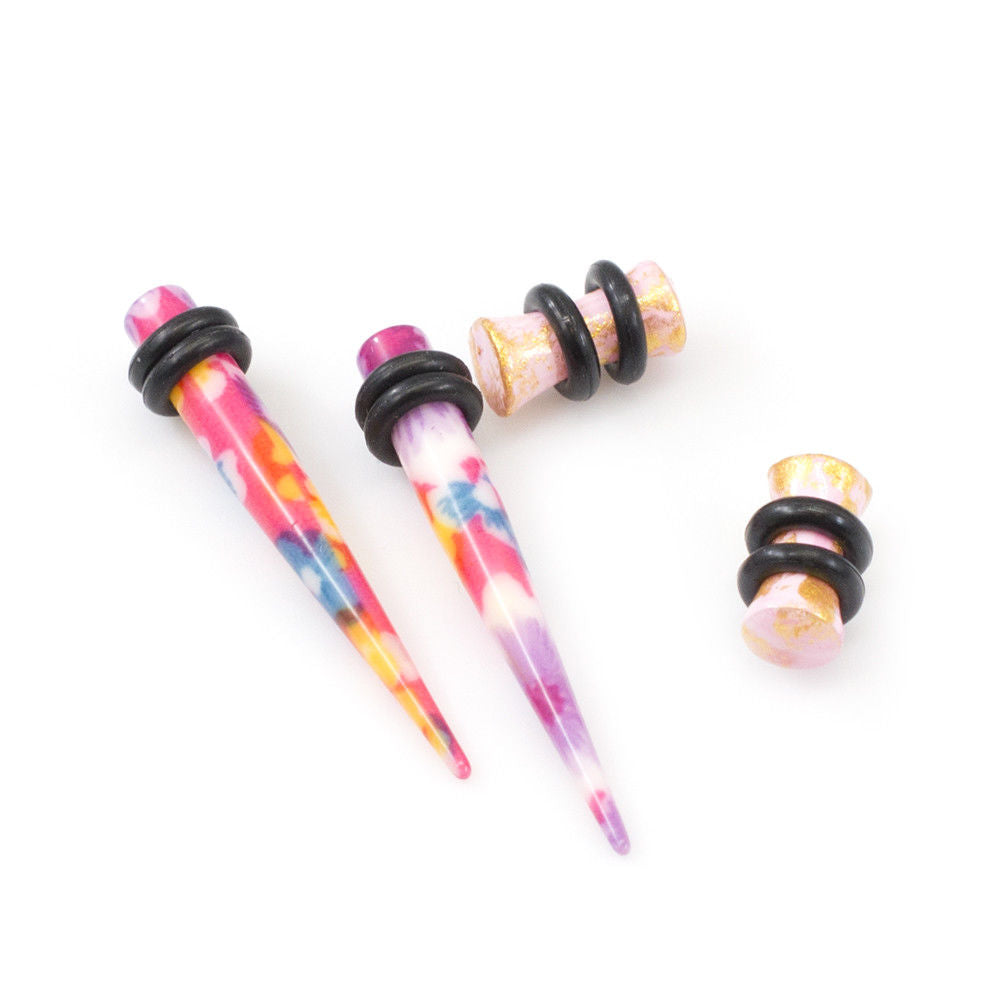 Ear Plugs with Tapers Stretching kit Colorful Flower Design with O rings