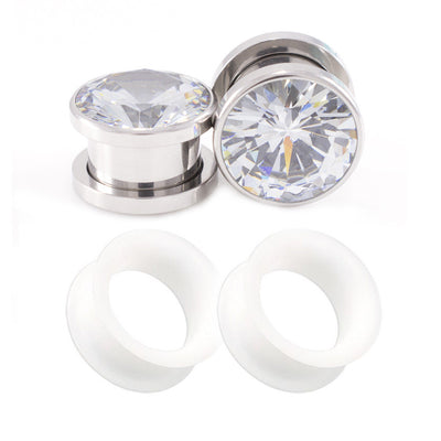 Pack of 4 Ear Plugs / Tunnels 2 Screw Fit with CZ Stone and 2 FREE Thin Silicone
